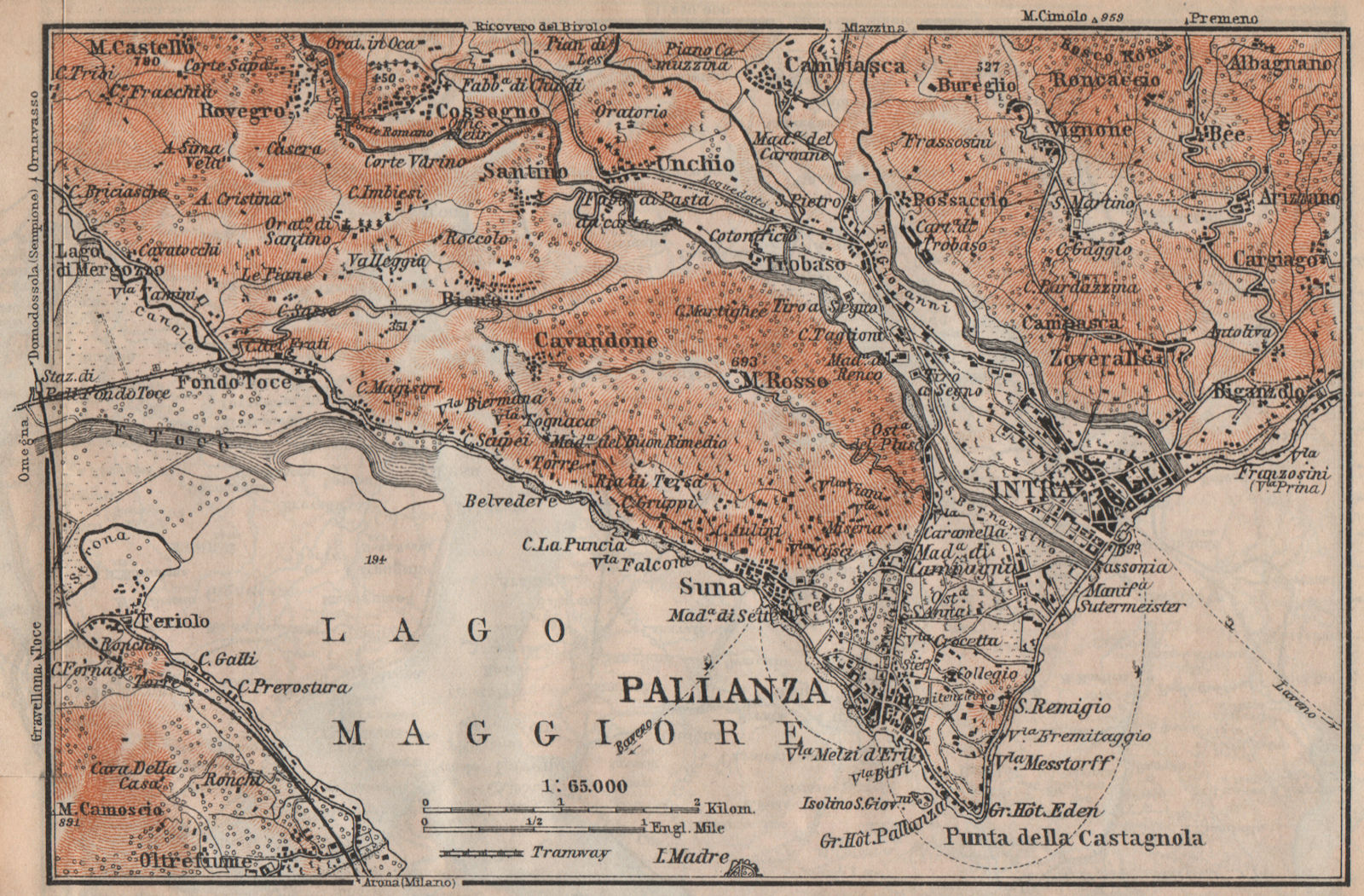 PALLANZA ENVIRONS. Verbania. Intra Unchio. Italy mappa. BAEDEKER 1913 old